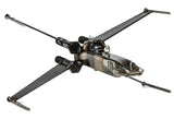 Handmade metal garden sculpture of an X-Wing Fighter from Star Wars with a gnome figure as the pilot.