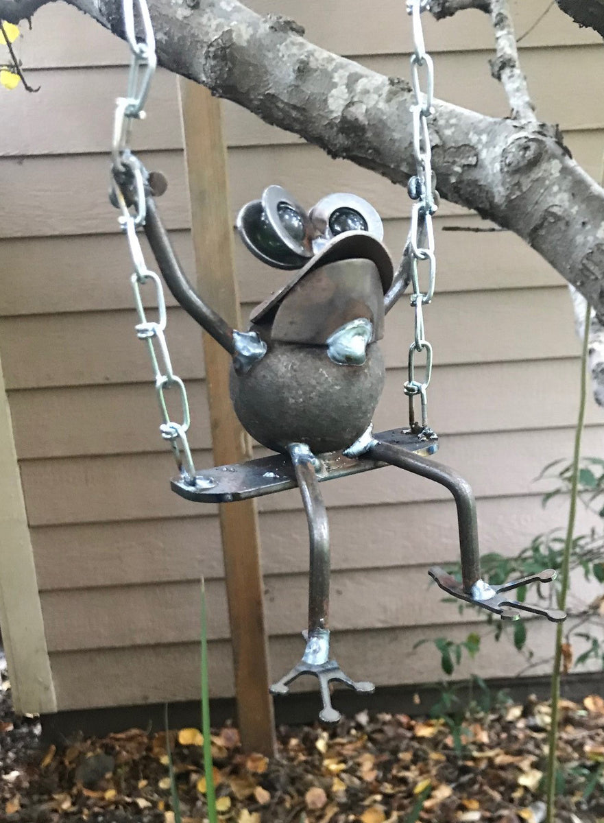 Frog Hanging On Swing Metal Garden Sculpture by Yardbirds