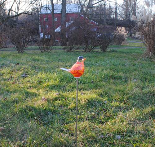 Chickadee Bird Glass Garden Sculpture, Fire Color