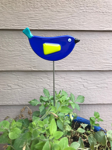 Dark Blue Bird - Fused Glass Plant Stake by Glass Works Northwest