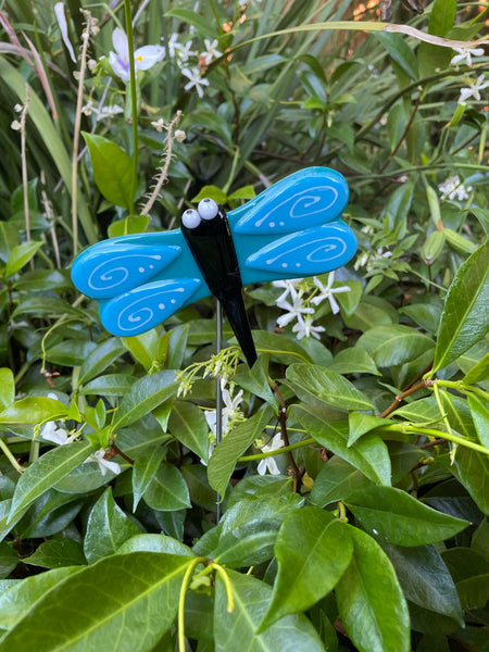 Dragonfly, Blue - Fused Glass Plant Stake by Glass Works Northwest