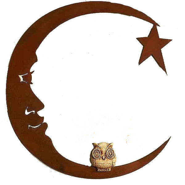 Owl On Moon, Metal Wall Hanging Sculpture Art by Elizabeth Keith Designs