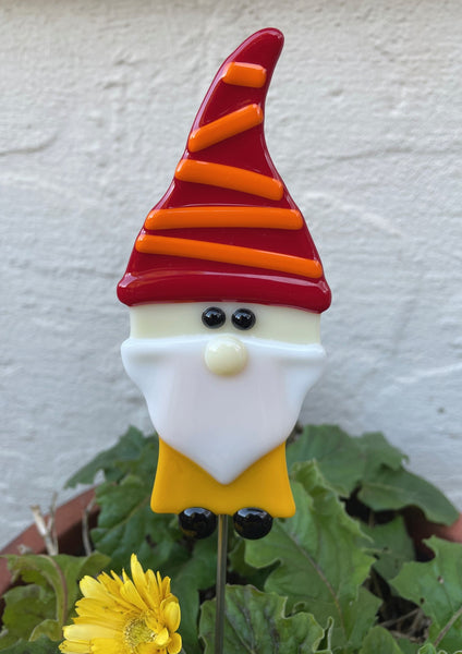 Gnome Red Hat - Fused Glass Plant Stake by Glass Works Northwest