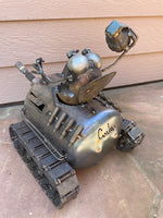 One Man Tank Holding Hand-Grenade, Riding Propane Tank, by Artist Fred Conlon of Sugarpost