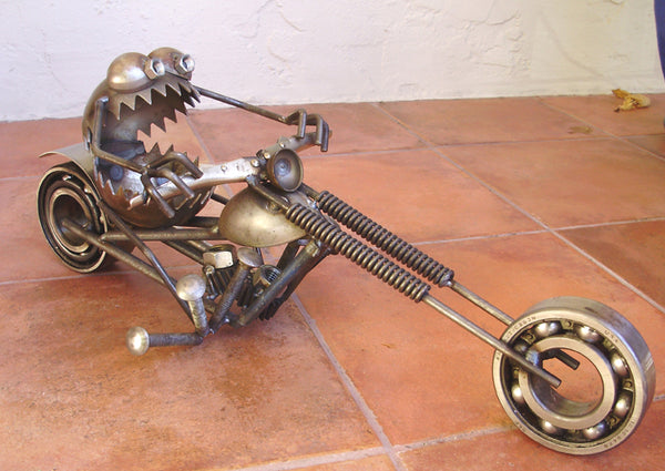 Chopper Motorcycle Gnome Be Gone, Garden Sculpture by Artist Fred Conlon of Sugarpost