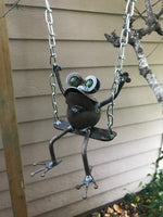 Frog Hanging On Swing - Metal Garden Sculpture by Yardbirds