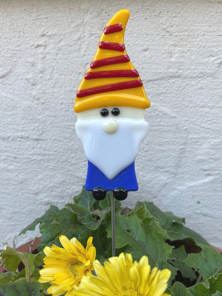 Gnome Yellow Hat - Fused Glass Plant Stake by Glass Works Northwest